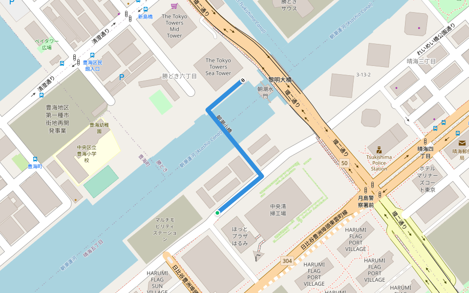 朝潮小橋 walking route map in Chuo City