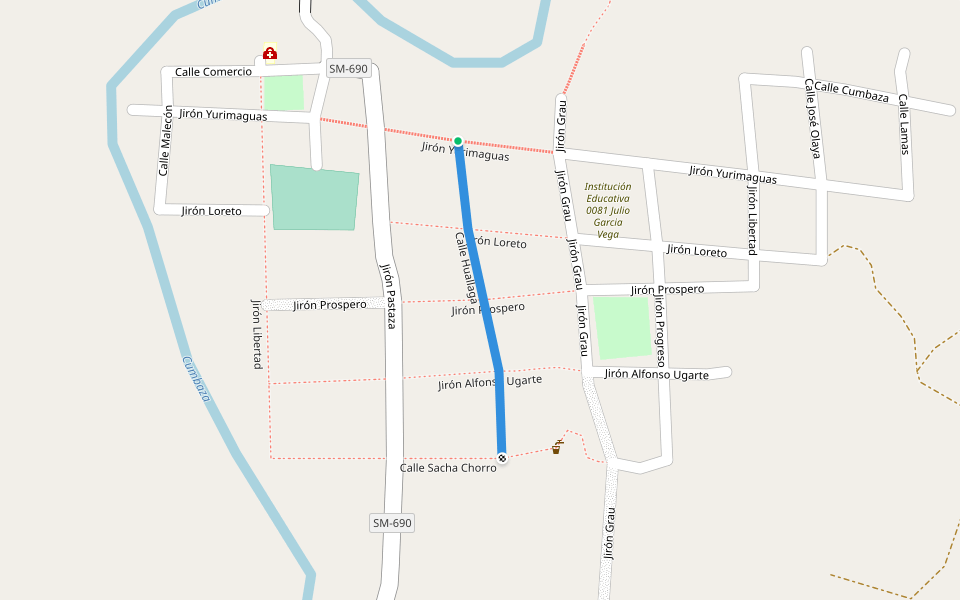 Calle Huallaga walking route map in San Pedro de Cumbaza