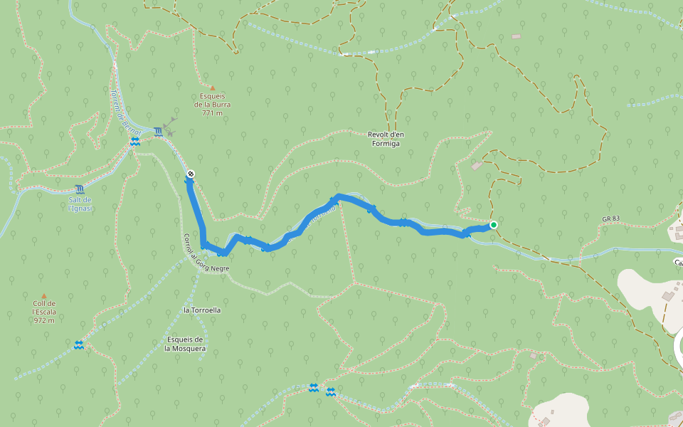 Camí de les Cascades walking route map in Riells i Viabrea