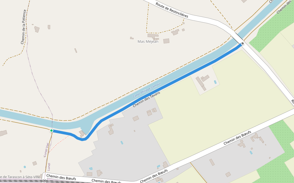 Chemin des Tavans walking route map in Lunel