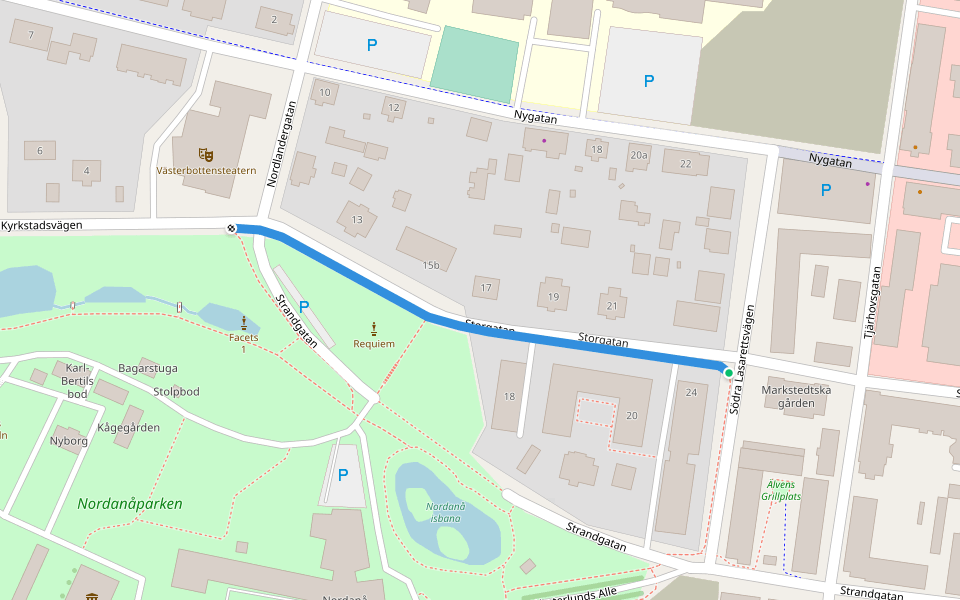 Storgatan walking route map in Skellefteå