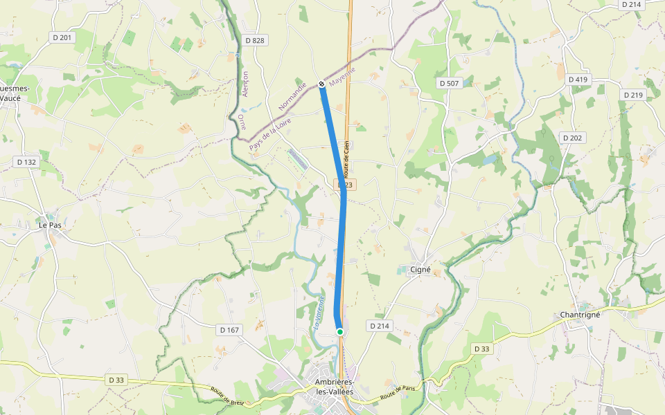 Voie Verte de Mayenne de Ambrières-les-Vallées à Domfront walking route map in Ambrières-les-Vallées