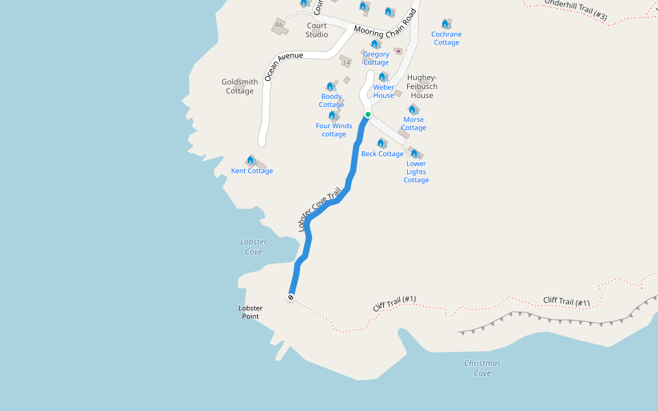 Lobster Cove Trail walking route map in Monhegan