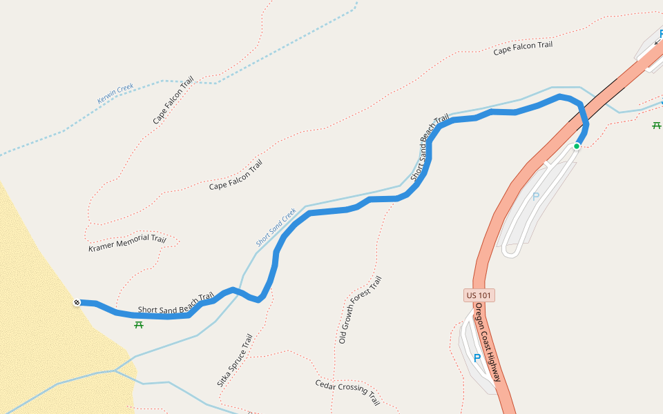 Short Sand Beach Trail walking route map in Nehalem