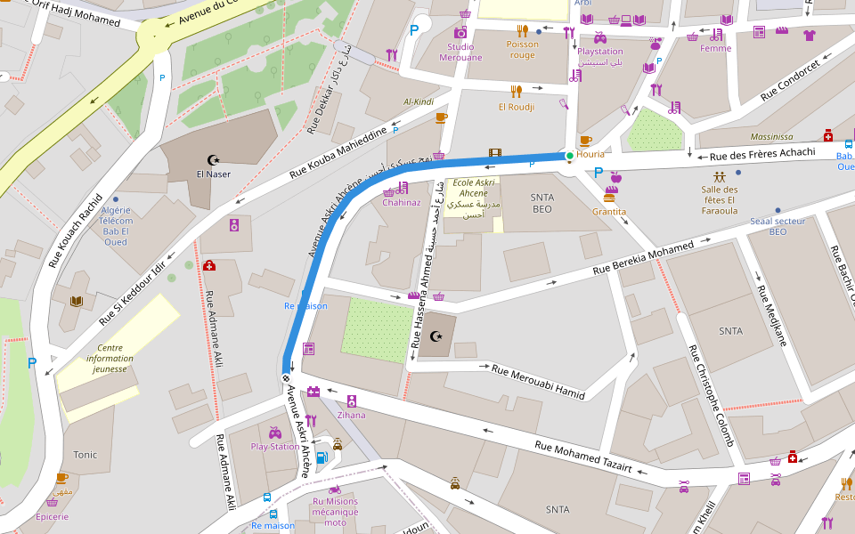 Avenue Askri Ahcène نهج عسكري أحسن walking route map in Bab El Oued