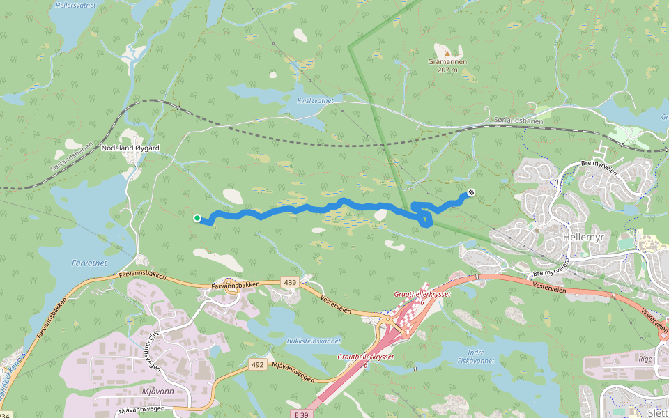 Gul løype walking route map in Nodeland