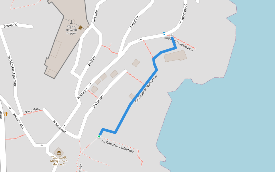 6η Πάροδος Βυζαντίου walking route map in Kavala