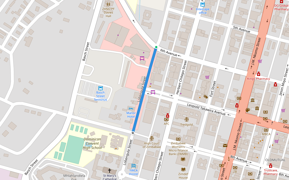 Lobengula Street walking route map in Bulawayo