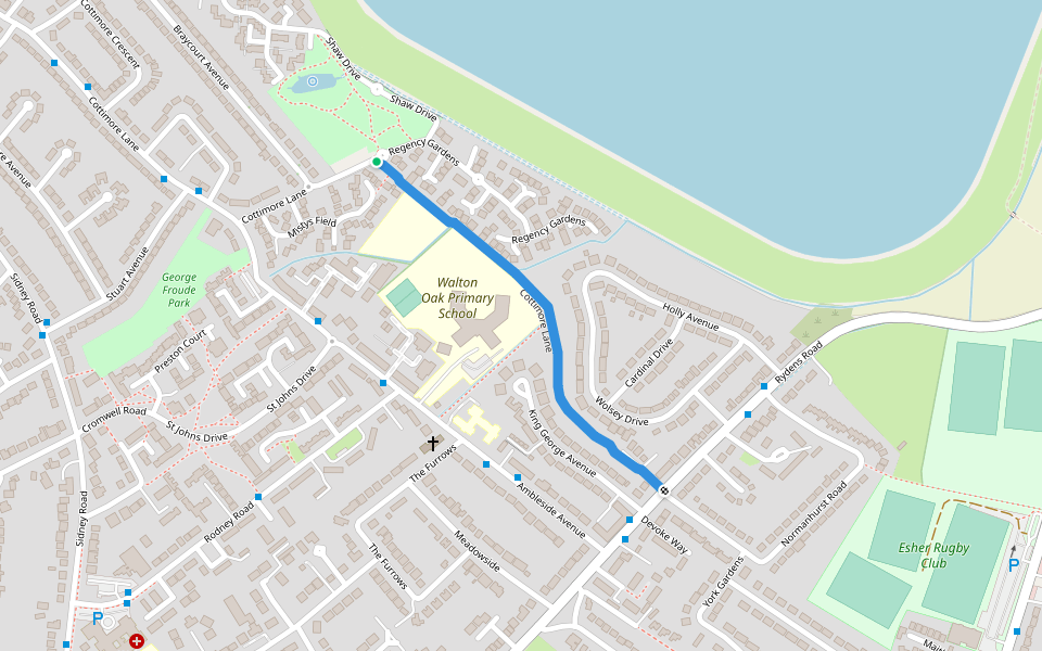 Cottimore Lane walking route map in Walton-on-Thames