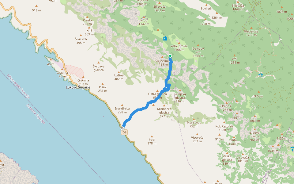 Staza Križac - Špurčev Brig - Šugarska Duliba walking route map in Lukovo Šugarje