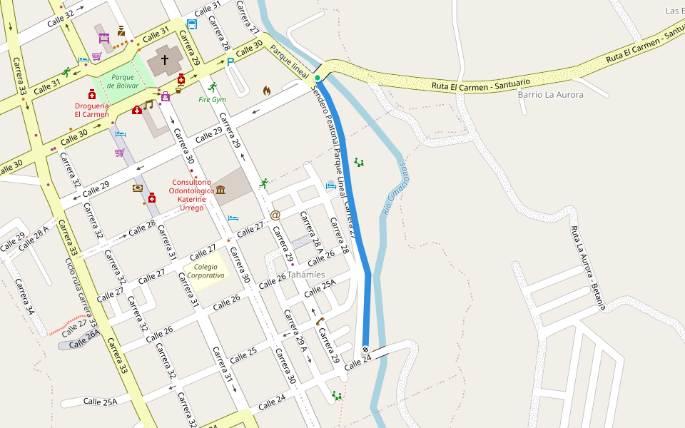Sendero Peatonal Parque Lineal walking route map in El Carmen de Viboral