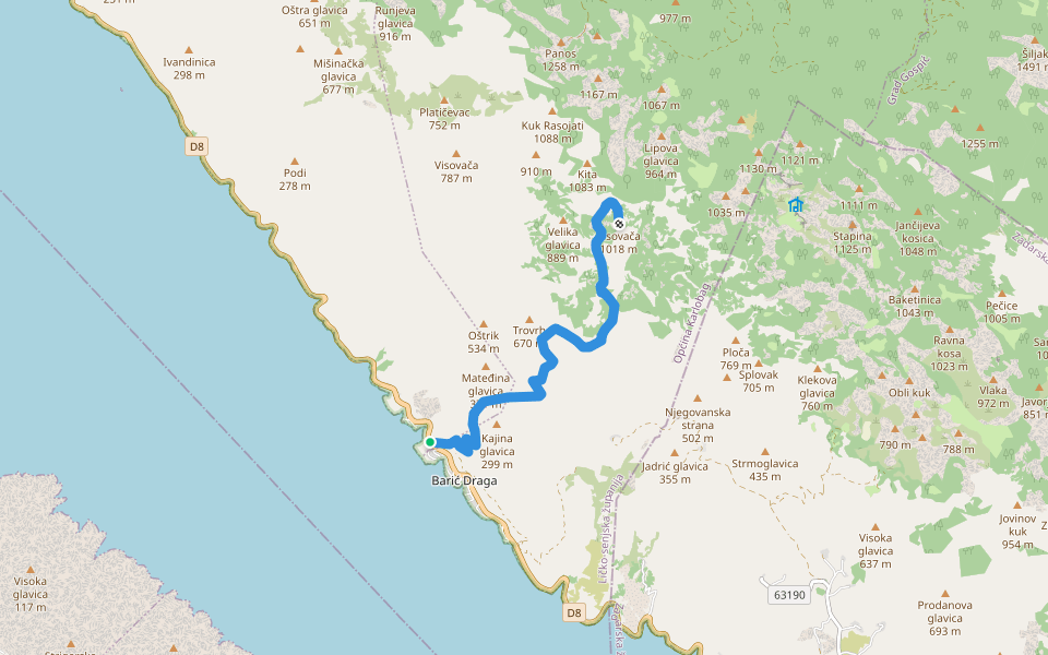 Staza Barić Draga - Visovača walking route map in Lukovo Šugarje