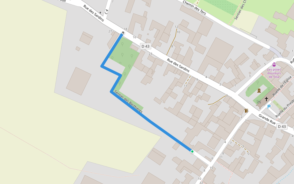 Sentier des Berthieres walking route map in Roffey