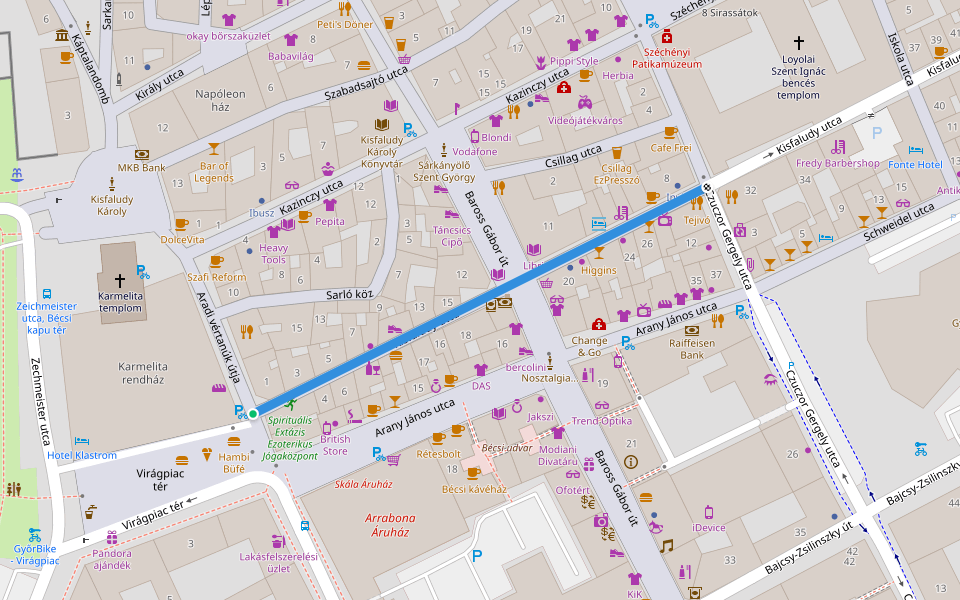 Kisfaludy utca walking route map in Győr
