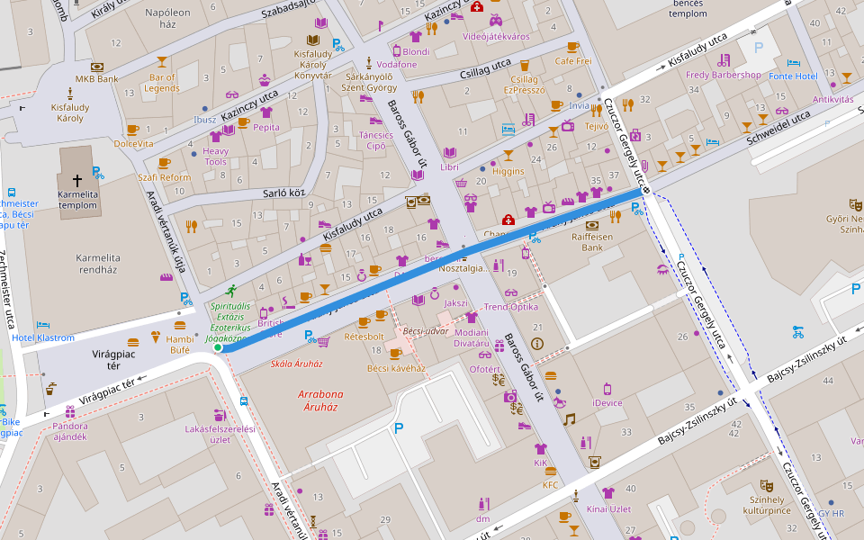 Arany János utca walking route map in Győr