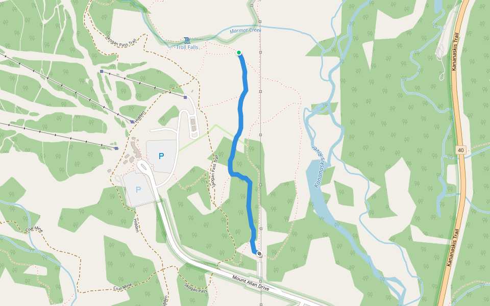 Troll Falls walking route map in Lac des Arcs