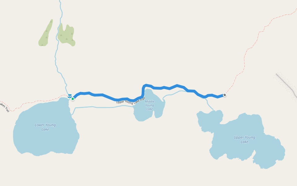 Upper Young Lake Trail walking route map in Lee Vining