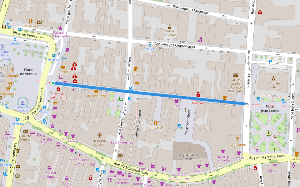 Rue Brauhauban walking route map in Tarbes