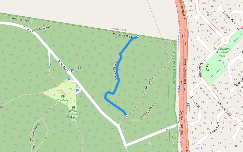 Iron Bark Track walking route map in Albany Creek