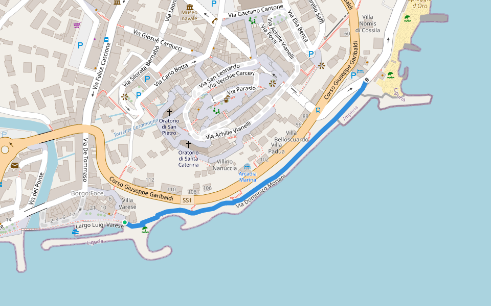 Via Domenico Moriani walking route map in Imperia