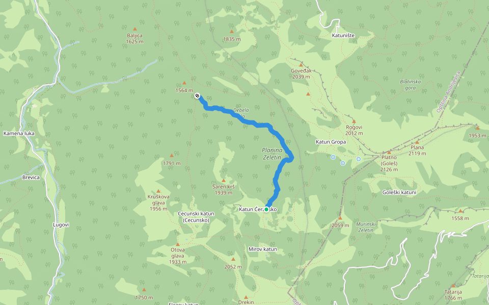 Cecune - Katun Ćeransko walking route map in Kuti