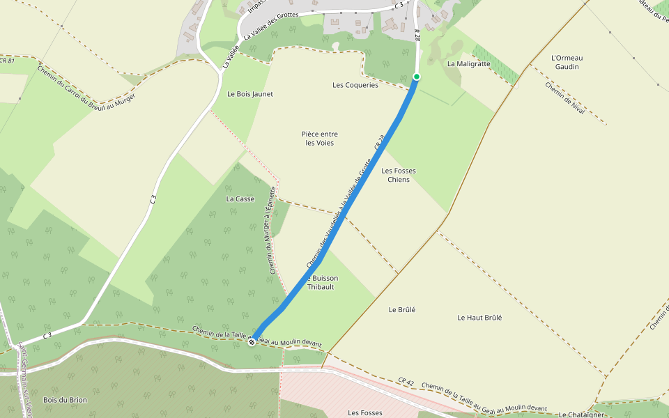 Chemin des Vaudelles à la Vallée de Grotte walking route map in Saint-Germain-sur-Vienne