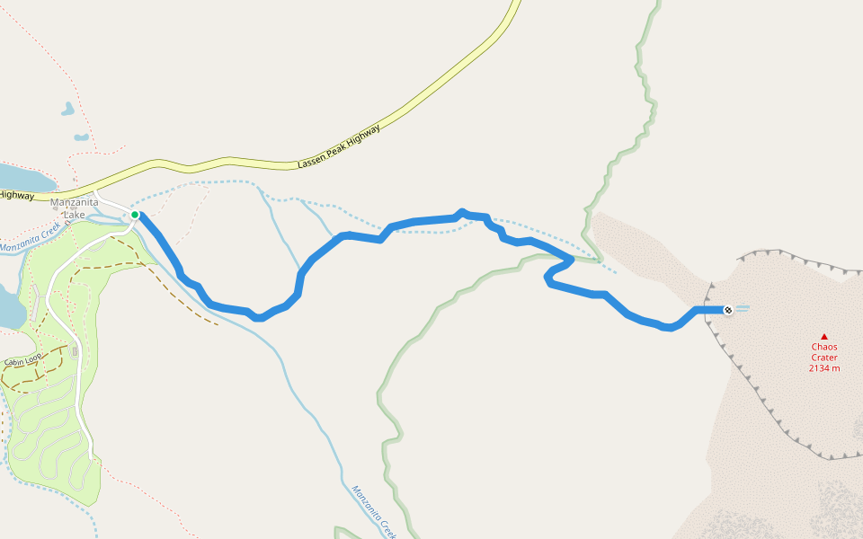 Chaos Crags Trail walking route map in Manzanita Lake