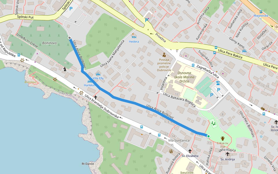 Ulica Anice Bošković walking route map in Dubrovnik