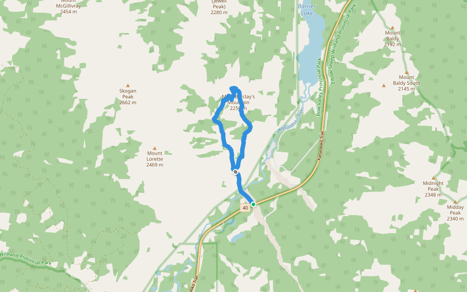 Mary Barclay's Mountain Route walking route map in Lac des Arcs