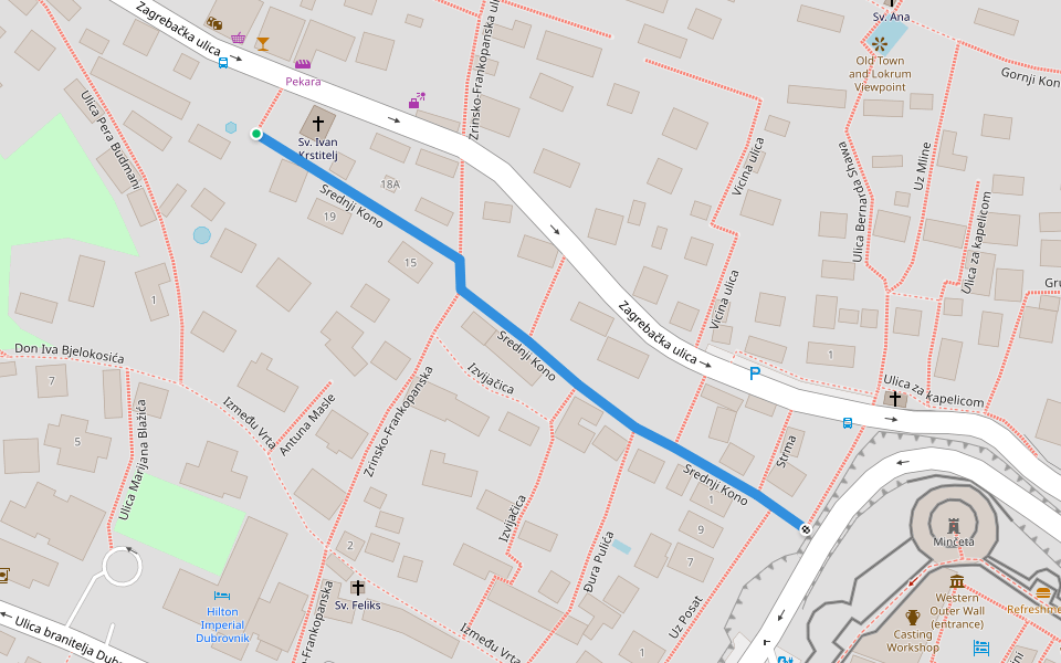 Srednji Kono walking route map in Dubrovnik