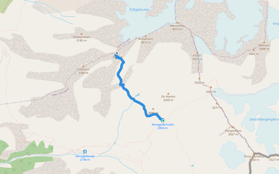 Almagellerhütte - Rotgrat walking route map in Saas-Almagell