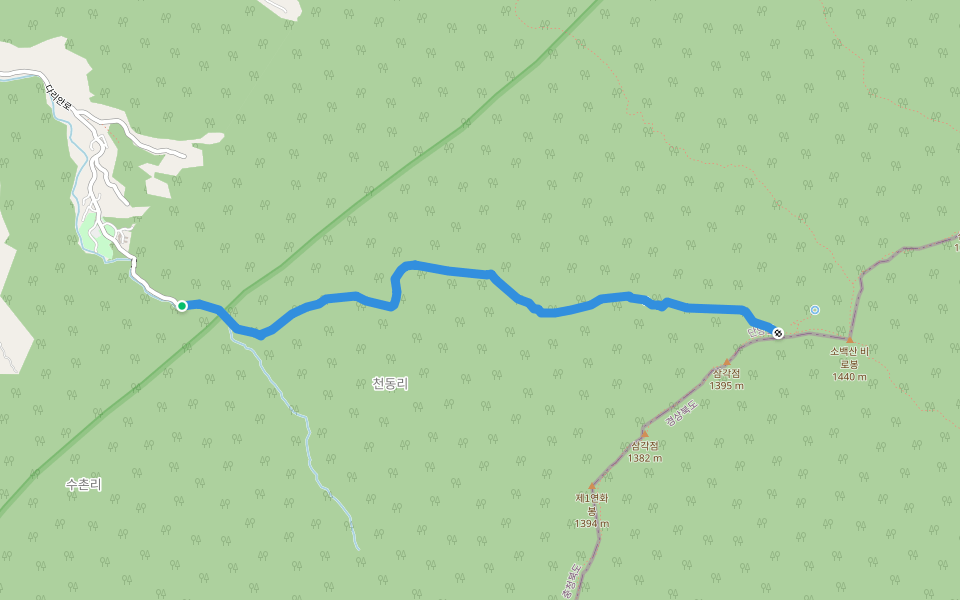 천동-비로봉 5.3Km 2:30 walking route map in Danyang-gun