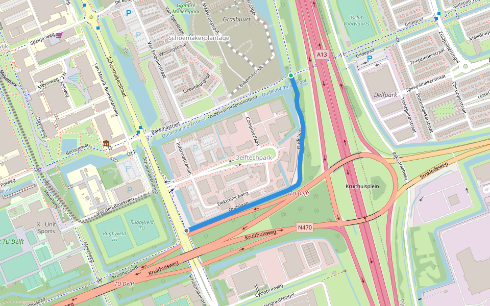Oudelaan walking route map in Delft