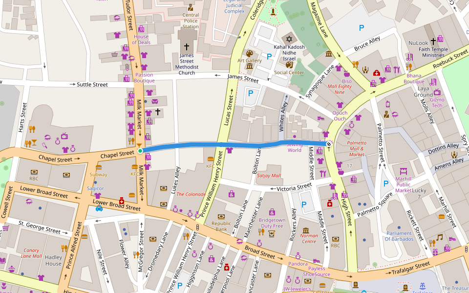 Swan Street walking route map in Bridgetown