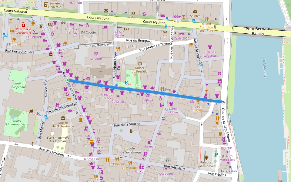 Rue Victor Hugo walking route map in Saintes