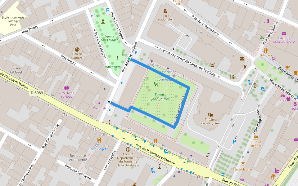 Square Jean Jaurès walking route map in Périgueux