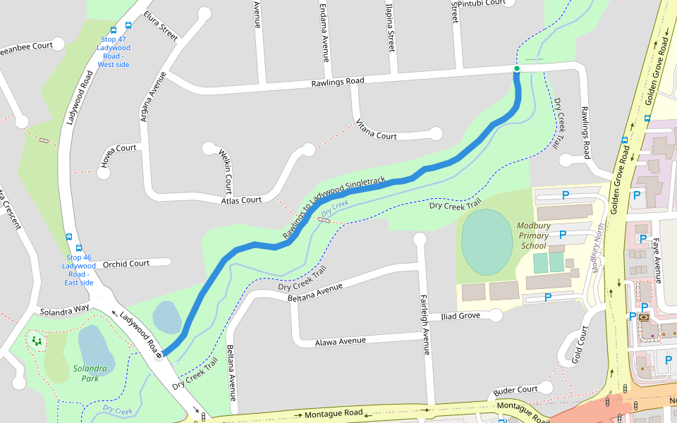 Rawlings to Ladywood Singletrack walking route map in Modbury North