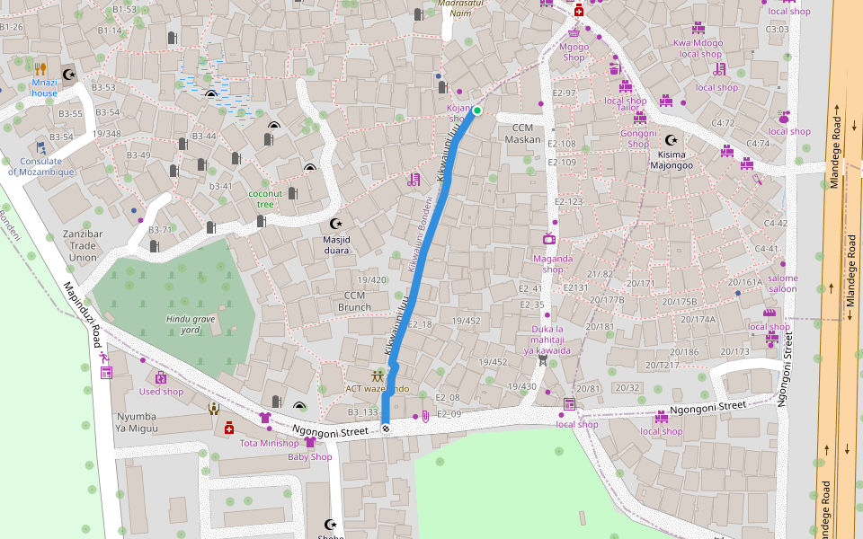 Kikwajuni Juu walking route map in Zanzibar
