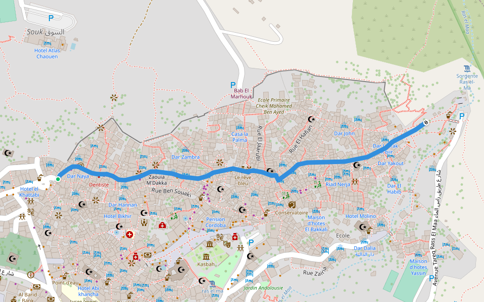 Avenue Hassan I شارع الحسن الاول walking route map in Chefchaouen