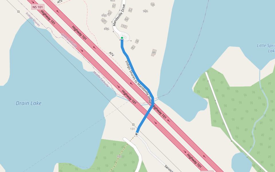Indigo Shores to Mandaville Drive walking route map in Upper Sackville