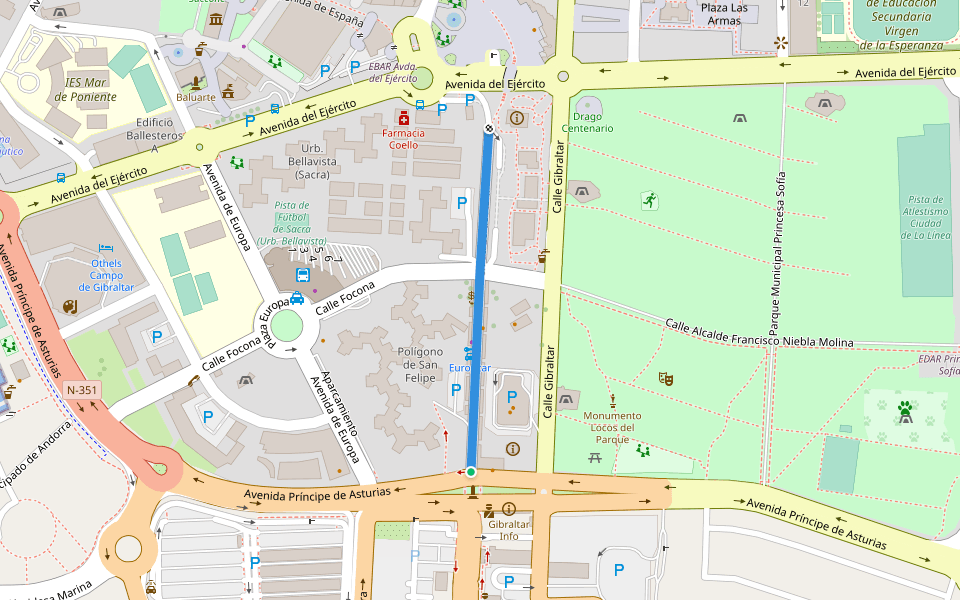 Avenida 20 de Abril walking route map in La Línea de la Concepción