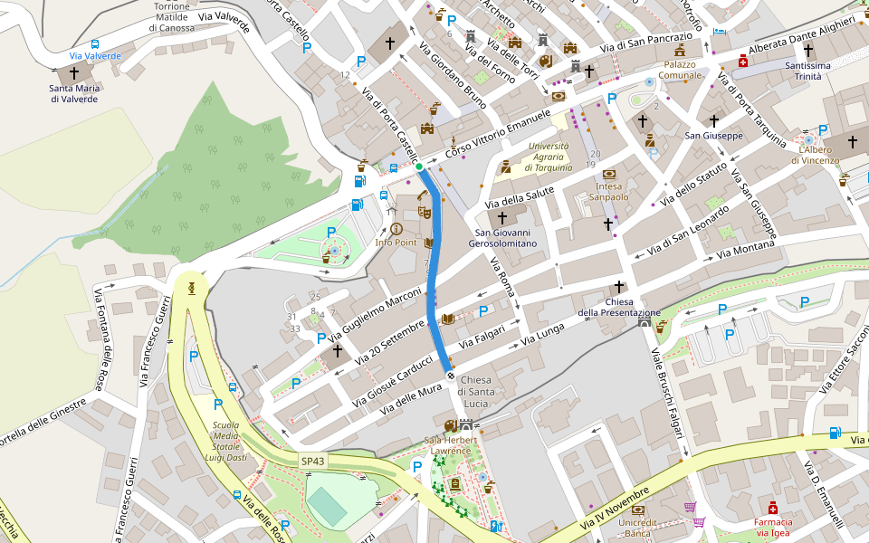 Via Umberto I walking route map in Tarquinia