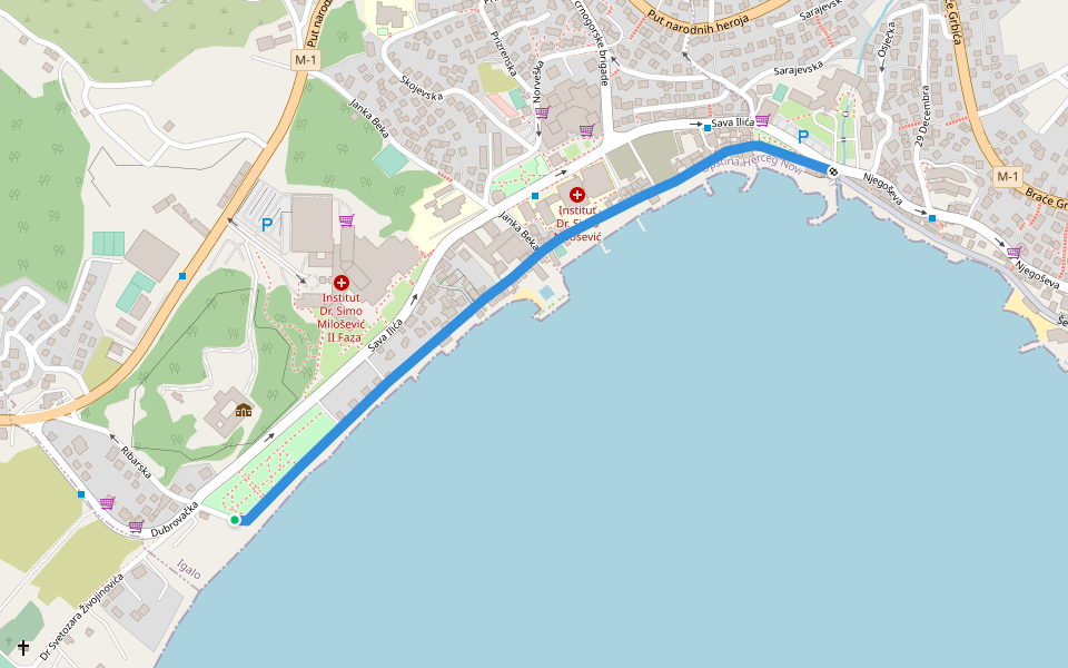 Obala Nikole Kovačevića walking route map in Igalo