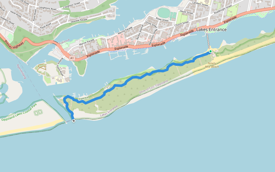 Lakes Foreshore Walk walking route map in Lakes Entrance