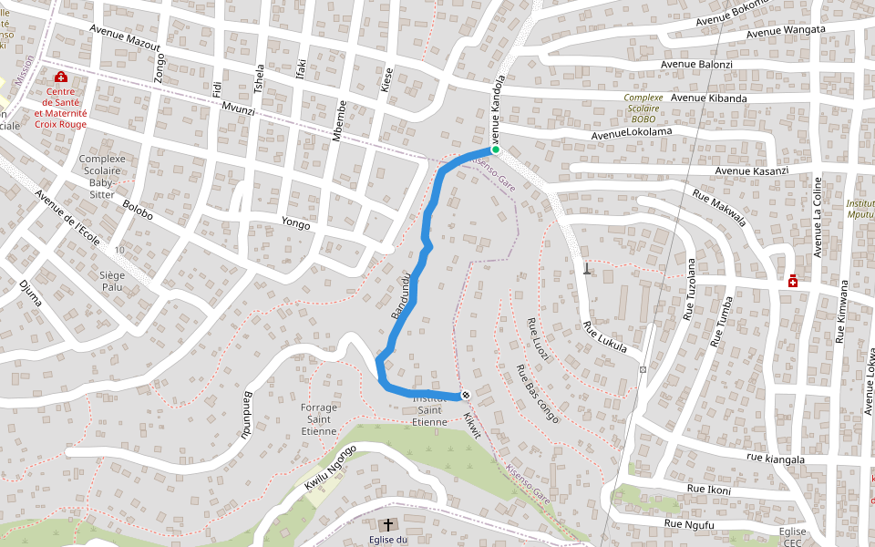 Bandundu walking route map in Kinshasa