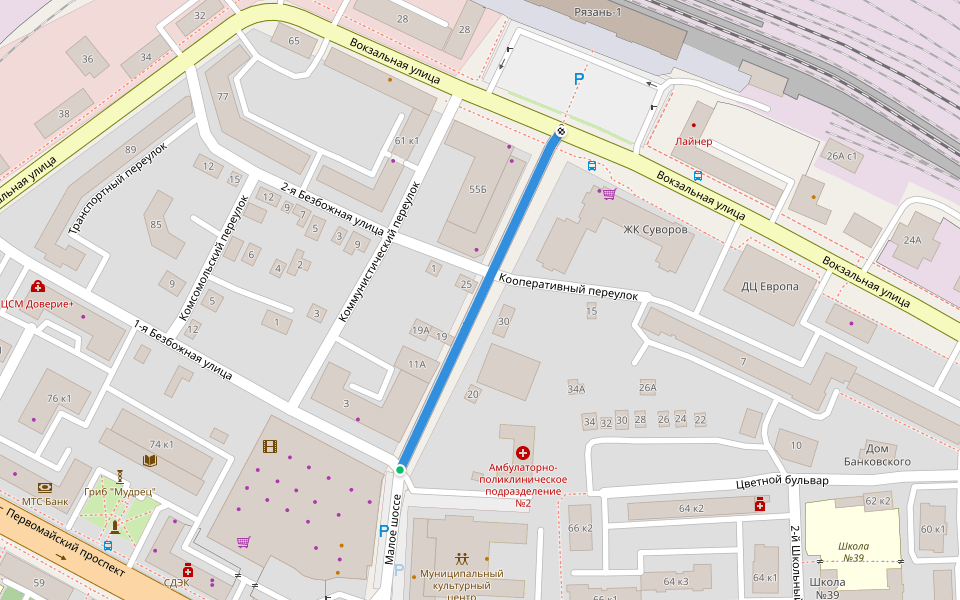 Малое шоссе walking route map in Ryazan'