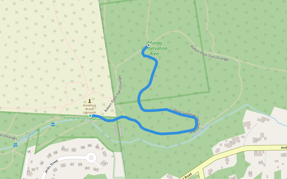 Dorie Goldman Trail (light blue) walking route map in Amherst