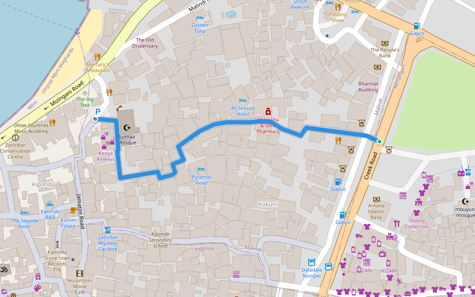 Malindi Street walking route map in Zanzibar