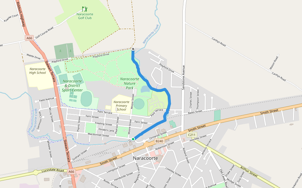 Creek Walk walking route map in Naracoorte
