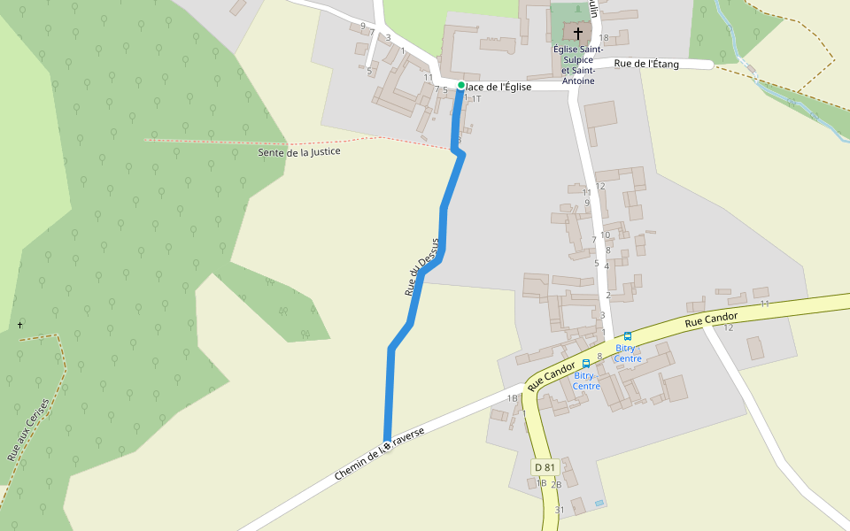 Rue du Dessus walking route map in Bitry